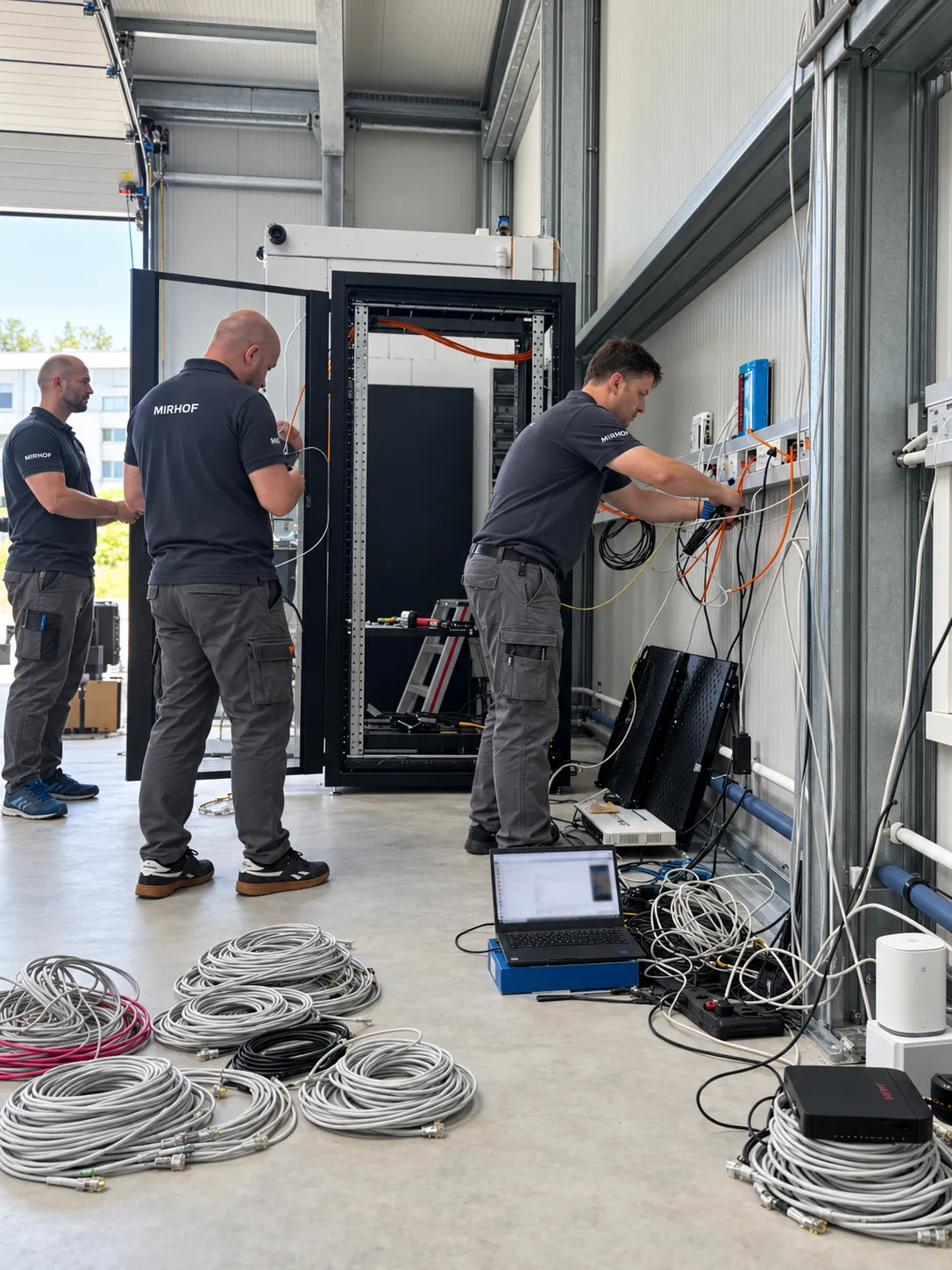 Das MIRHOF-Team bei der Montage eines Serverschranks und der Netzwerkverkabelung